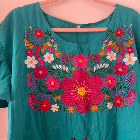 Teal Mexican Embroidered Dress, 1x/2x - Picture 2 of 7